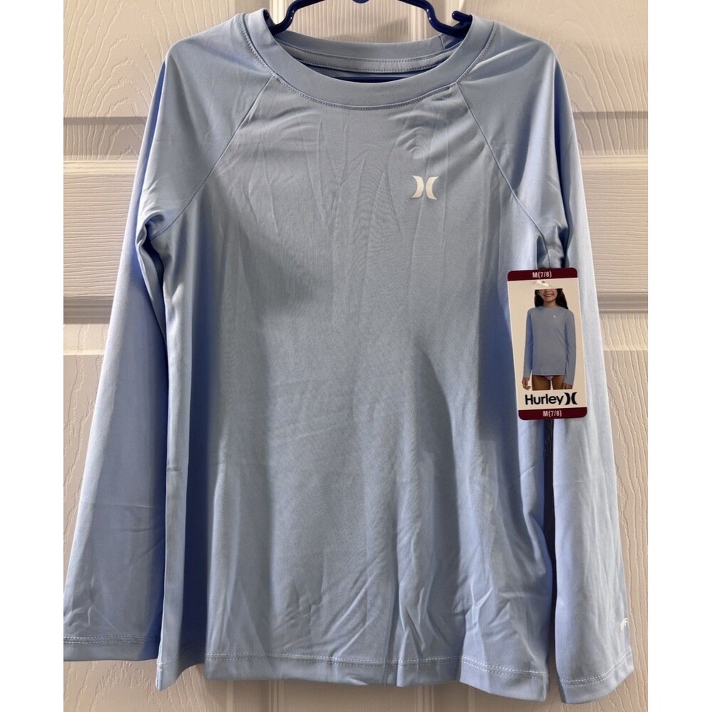Hurley Girls Rash Guard Size M 7/8 Blue Long Sleeve Swim Shirt UPF NWT